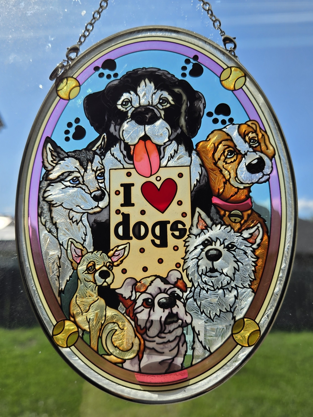AMIA Hand Painted Glass Suncatcher I Love Dogs 5x7 NIB Deadstock
